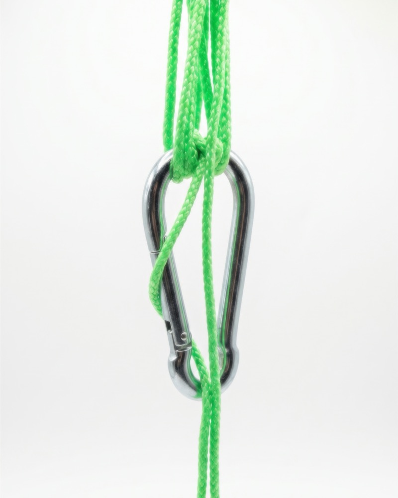 Neon green cord knotted through a steel carabiner on white